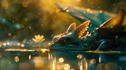 surreal baby dragon play sparkling river sunlit meadow whimsical joy mythical creature