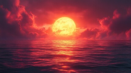 Fototapeta premium Dramatic Sunset over the Ocean with Full Moon