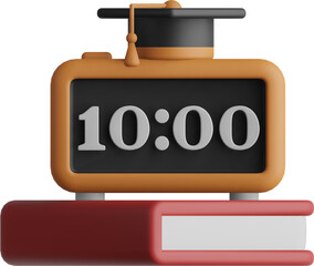 3D icons Graduation Alarm Clock set on a book, perfect for study reminders.