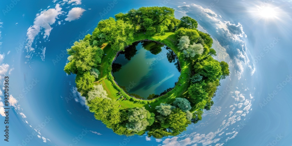 Wall mural Little Planet: A Circular Panorama of a Serene Lake Surrounded by Lush Greenery