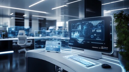 Futuristic office interior with glowing computer screens and modern furniture.