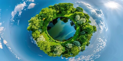 Fototapeta premium Little Planet: A Circular Panorama of a Serene Lake Surrounded by Lush Greenery