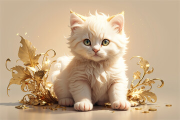 Elegant White Kitten Surrounded by Golden Leaves and Coins