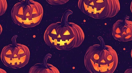 Pattern of tiny cartoon jack-o-lanterns with spooky grins on a dark purple background