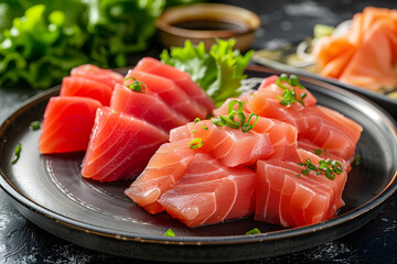 Sashimi of tuna and salmon on a dark plate