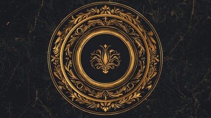 Naklejka premium Golden Ornate Circle Design on Black Marble Background