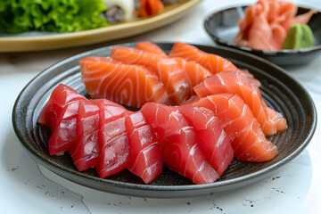Sashimi of tuna and salmon on a dark plate