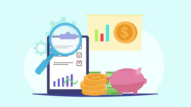 Animated video Budget planning concept. Full length animation illustration. High quality 4k footage.