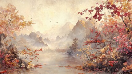 Fototapeta premium Autumnal Mountain Landscape with River and Red Leaves