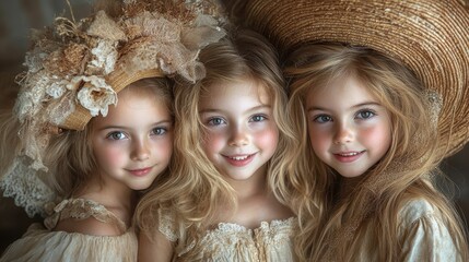Obraz premium Portrait of Three Little Girls with Straw Hats and Flowers