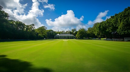 A well maintained cricket ground with a pristine pitch in the center and stands in the background providing a perfect setting for a cricket match or tournament