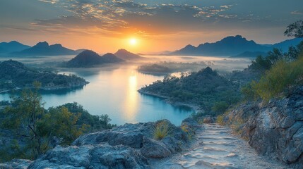 Tranquil Sunrise Over Serene Lake Surrounded by Mountains and Lush Greenery with a Rocky Path, Capturing Nature's Beauty at Dawn