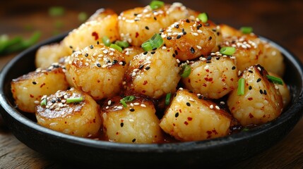 Delicious, Sticky Honey Garlic Glazed Scallops Garnished with Sesame Seeds and Green Onions in Black Plate | Korean Cuisine Delicacy