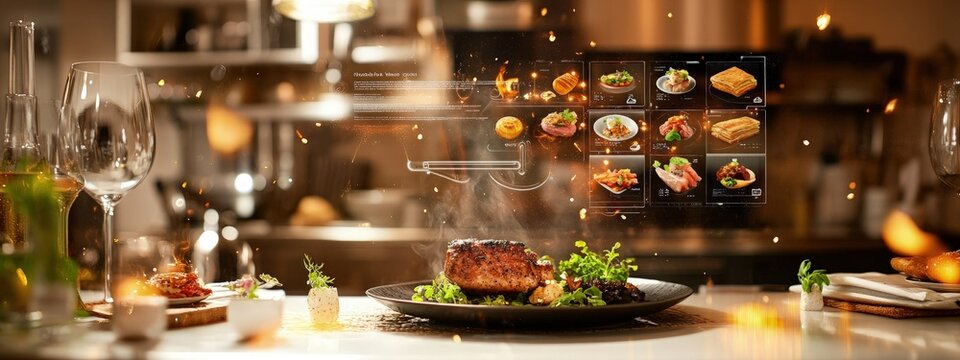 AI-driven meal customization, holographic menu with options, floating above a plate, soft restaurant lighting