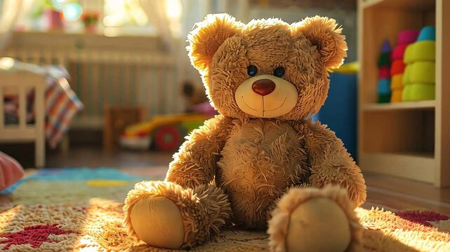 Cute teddy bear on the floor in a cozy, sunlit children's room with a bed and toys in the background.
