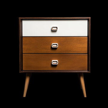 recommend clip art: Vintage-Inspired White and Brown Chest of Drawers with Three Drawers, Isolated Against a Black Background in High Resolution.