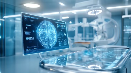 Modern operating room with digital brain scan on monitor.