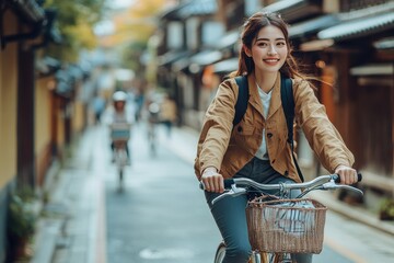 Fototapeta premium Urban Commute Serenity - Japanese Woman Cycling Through Kyoto Streets with Grace, Daily Life Snapshot in Realistic Style