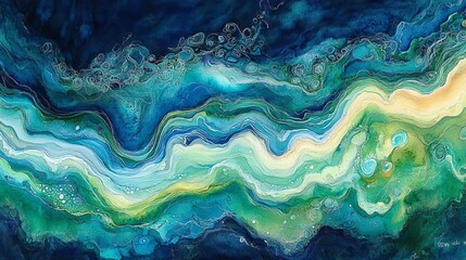 Submerged world, underwater abstract scene with flowing forms, deep greens and blues, tranquil setting, Watercolor style