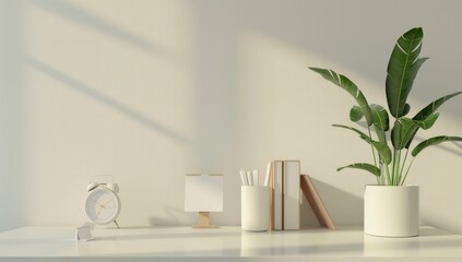 Fototapeta premium Minimalist Home Office Setup with White Desk and Green Plant