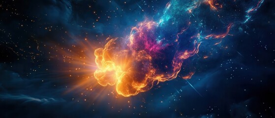 Fototapeta premium Stunning cosmic explosion with vibrant colors and luminous gases in a starry sky, representing the beauty of the universe.