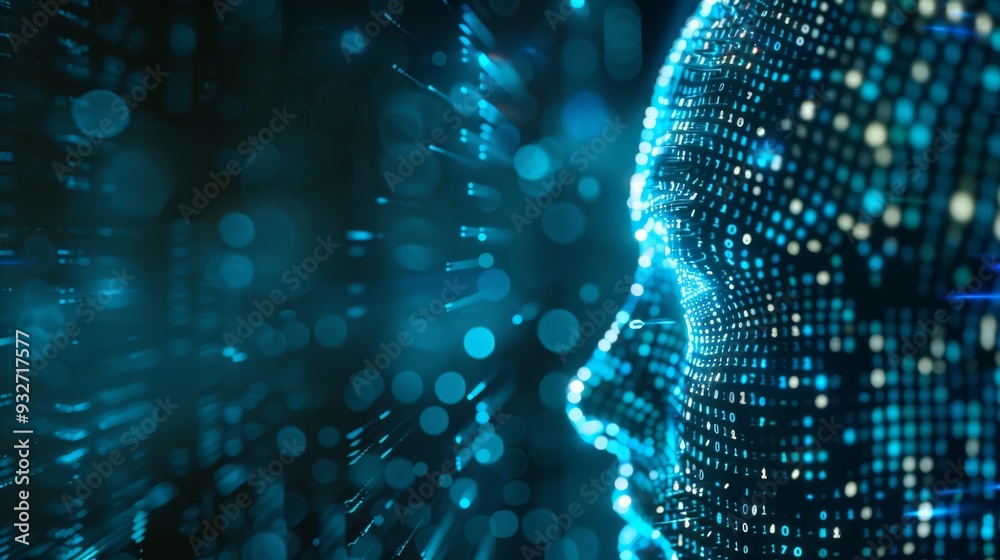 Poster Digital brain hologram with binary code overlay