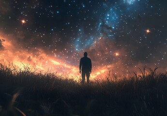 Fototapeta premium A man standing on the grassland under a starry sky, with a distant view, in a night scene, with the sky full of stars, and a distant galaxy