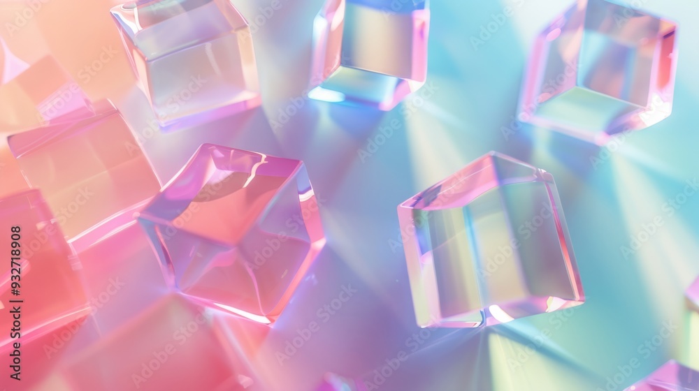 Poster Dynamic composition of translucent cubes suspended in mid-air with soft shadows and a smooth pastel backdrop
