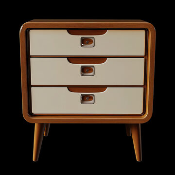 recommend clip art: Retro Chest of Drawers in White and Brown with Three Drawers, Set on a High-Resolution Black Background for Modern Interiors.