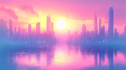 Dreamy cityscape, blurred architecture with reflective surfaces, muted pastels, tranquil ambiance, Watercolor style