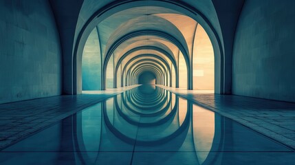 Obraz premium Image of a long, empty hallway with repeating arches and reflections, creating a sense of infinite echoes and unending space.