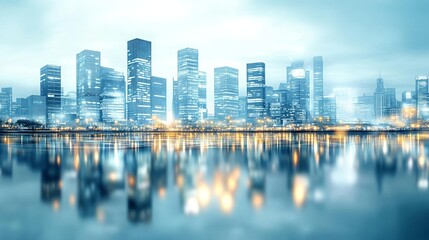 Obraz premium Dreamy cityscape, blurred architecture with reflective surfaces, muted pastels, tranquil ambiance, Watercolor style