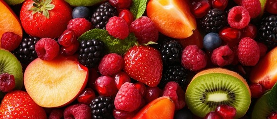 Obraz premium Vibrant assortment of fresh fruits including strawberries, raspberries, and kiwis, perfect for healthy recipes and vibrant decor.
