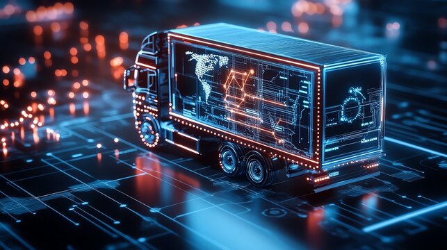 Digital illustration of a semi-truck on a circuit board, representing modern logistics and technology.