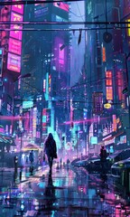 Obraz premium The bustling city comes alive at night with colorful neon lights reflecting on wet pavement as people wander through the streets