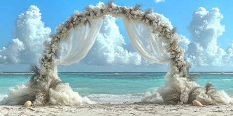 Spectacular Oceanfront Wedding Arch with Elegant Floral Decorations and White Drapes on a Beautiful Sandy Beach under Blue Sky