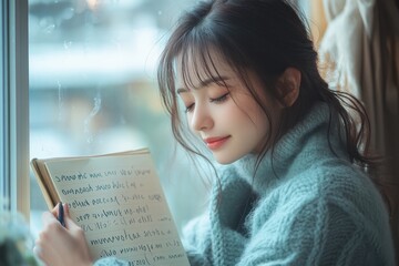Serene Japanese Woman Writing Self-Love Affirmations in Journal by Window - Daily Positive Rituals for Inner Peace and Wellness