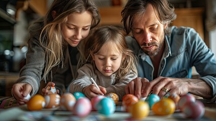 Obraz premium happy family,little kids decorating easter eggs