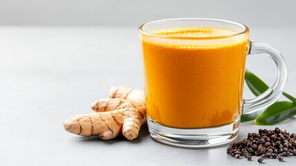 A vibrant glass of turmeric drink, accompanied by fresh ginger roots and black seeds, perfect for wellness and health.