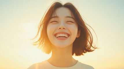 Embracing Self-Love: Joyful Korean Woman Laughing in Silhouette Outdoors
