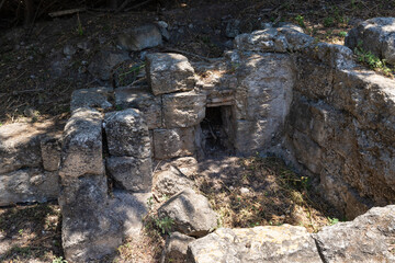 Ruins  of a stone basement of synagogue from 1st 2nd centuries AD near Beit Shearim necropolis near Kiryat Tivon city in northern Israel