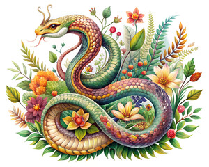 A beautifully colorful snake is surrounded by vibrant flowers and lush green leaves in this stunning scene of natures art