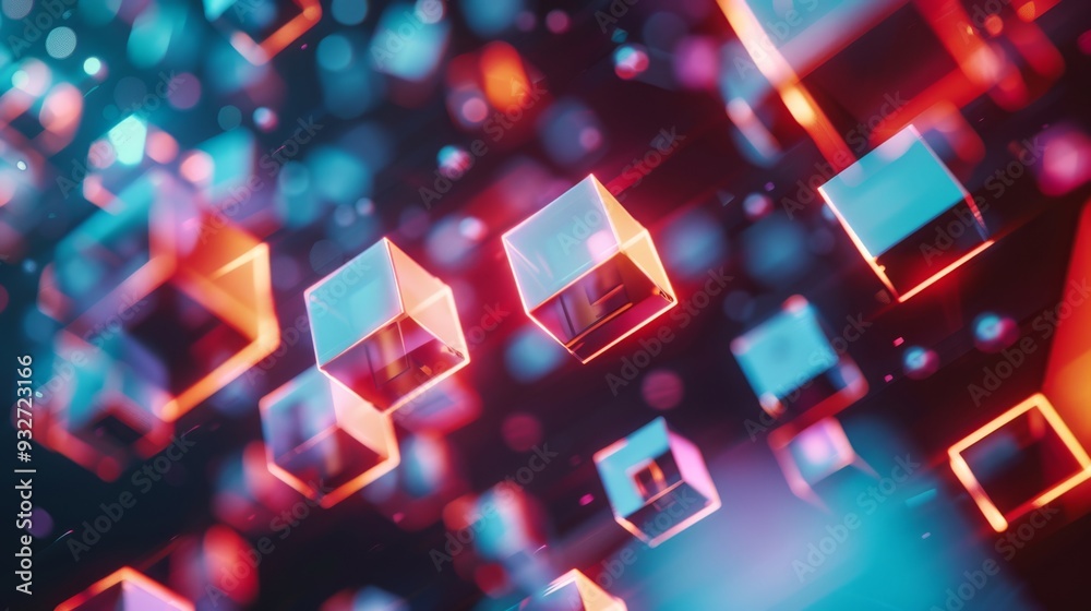 Leinwandbilder Energetic pattern of floating, neon-lit cubes creating an abstract, futuristic atmosphere against a dark background