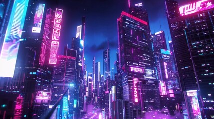 Fototapeta premium The bustling city glows with vibrant neon lights, showcasing futuristic architecture and lively urban energy under a night sky