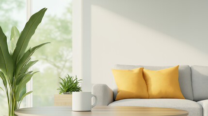 A realistic photo of cozy minimalist living room with ample natural light, featuring a plush Medium sized sofa, a coffee table, Coffee Mug and a few carefully placed plants, dark grey color sofa.
