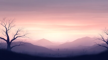 Obraz premium A tranquil landscape featuring mountains and silhouetted trees, bathed in soft hues of dawn and dusk.