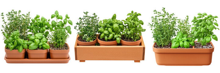Fototapeta premium Fresh herbs growing in pots, basil, thyme, and other greens for cooking and gardening