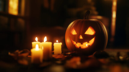Fototapeta premium Halloween pumpkin lantern with candles. A spooky photo of an orange pumpkin. For festive celebration, Halloween background with copy