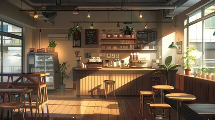 The coffee shop features a warm interior, filled with sunlight, plants, and inviting seating areas for a relaxed coffee experience