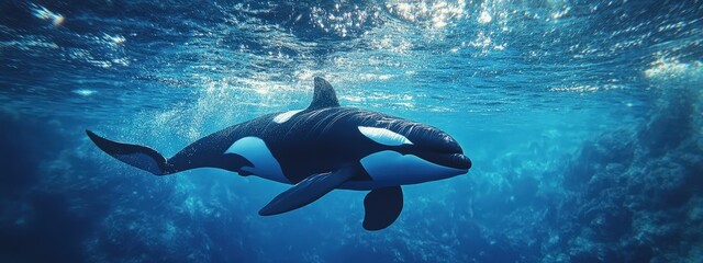 Obraz premium Orca, with a sleek black and white body, swimming through icy waters, bright underwater light